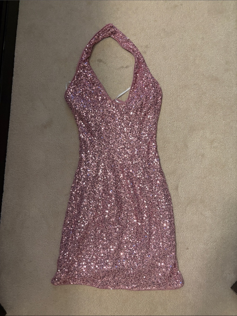 Lulu's Rose Pink Sequin Halter Mini Dress